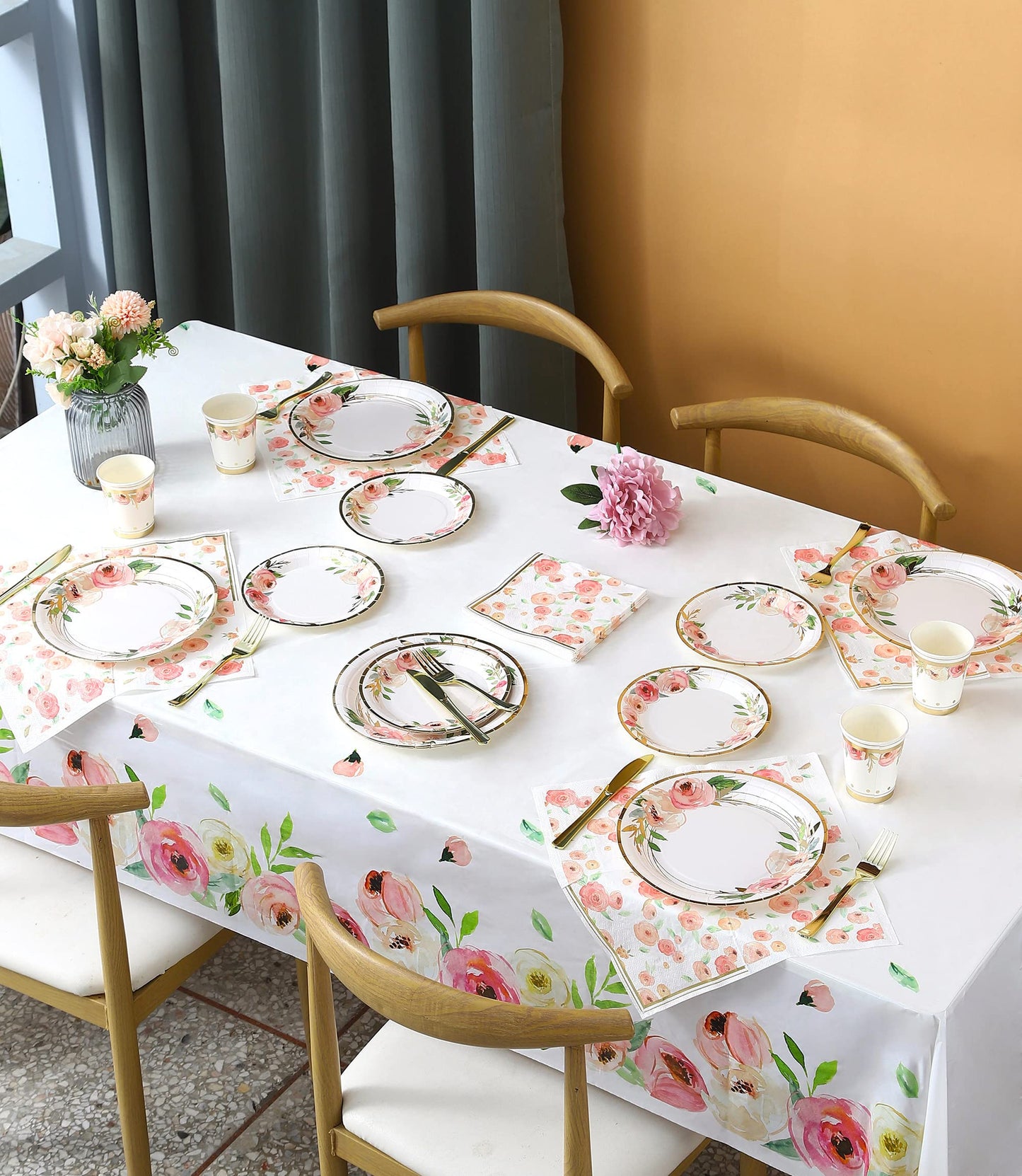 Luxury Floral Paper Plates and Napkins Party Supplies - Serves 16 - Pink and Gold Flower Decoration for Floral Baby Shower Bridal Shower Tea Party Birthday