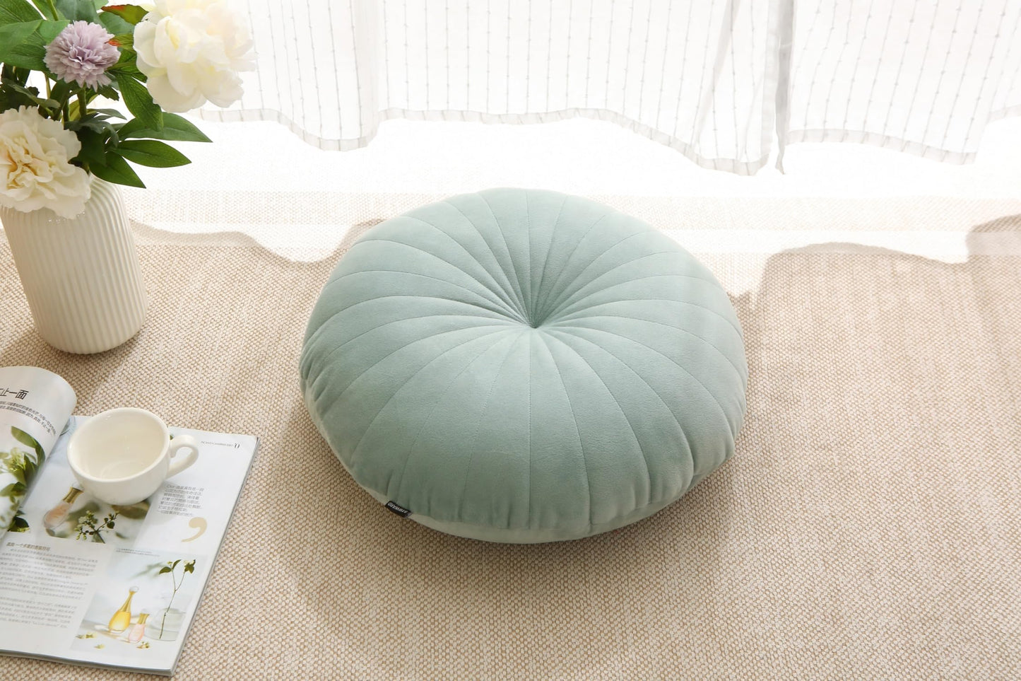 MolynnChic Floor Pillow Meditation Cushion Round Large Floor Pillows Seating for Adults, Velvet Thick Floor Cushions for Yoga Living Room Balcony Outdoor Tatami 18inch（Green）