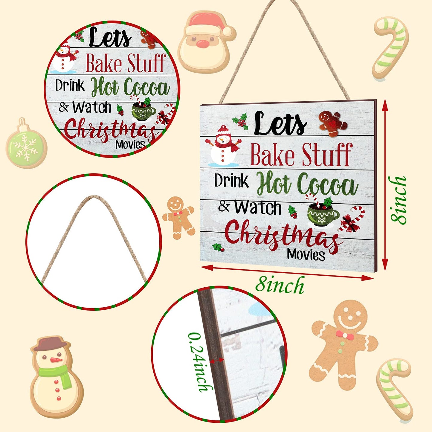 Blulu Christmas Hanging Wooden Sign Christmas Coffee Bar Decor Wood Candy Cane Hot Cocoa Sign Door Hanging Plaque for Xmas Winter Holiday Kitchen Home Wall Decoration(Classic)