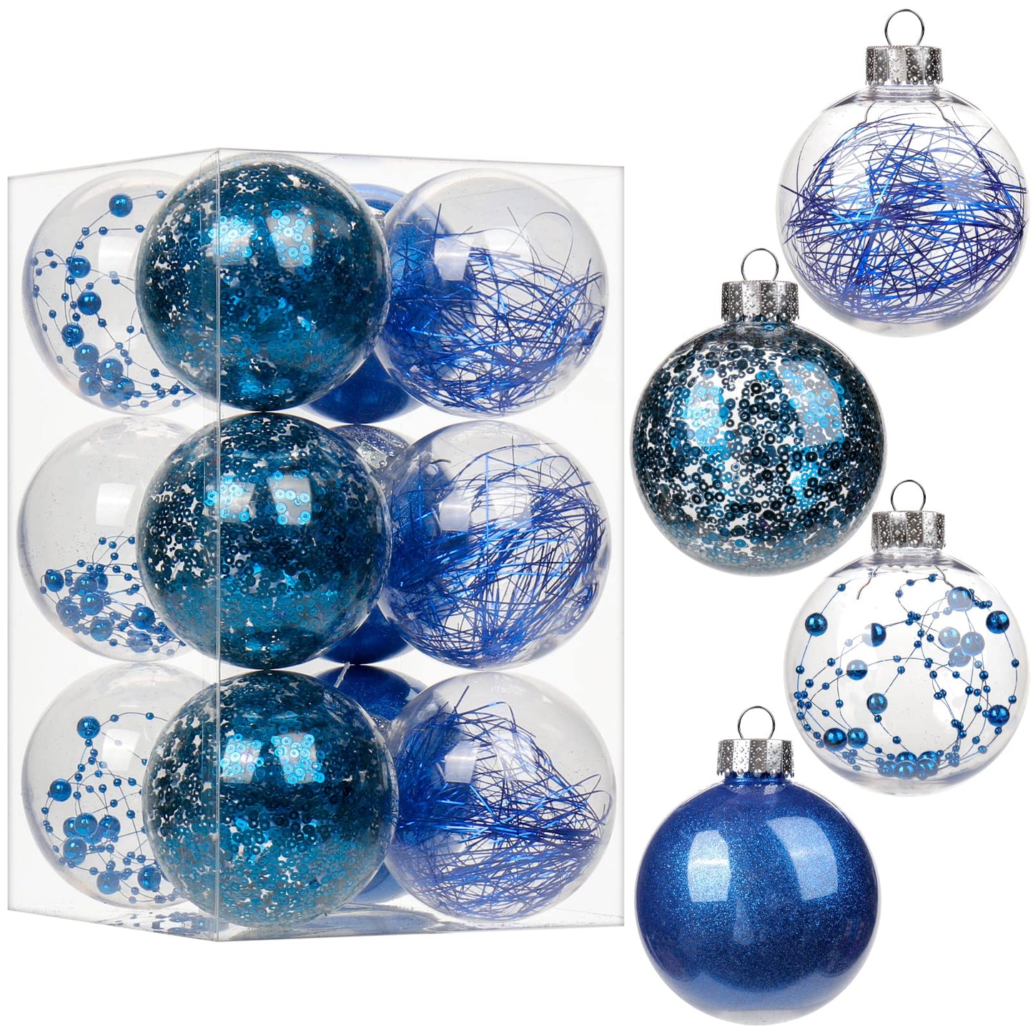Briful 80mm/3.15" Shatterproof Clear Plastic Christmas Ball Ornaments Decorative Transparent Xmas Balls Baubles Set with Stuffed Delicate Decor Hanging Christmas Tree Ornaments(12 Counts, Blue)