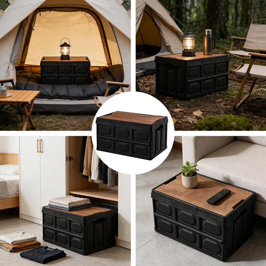 CTESNE【3-in-1 Wooden Lid 32L Storage Bins with Lids and Handle，Portable Foldable Storage Box ，Plastic Stackable Storage Bins for Camp Car RV, Office (Black)