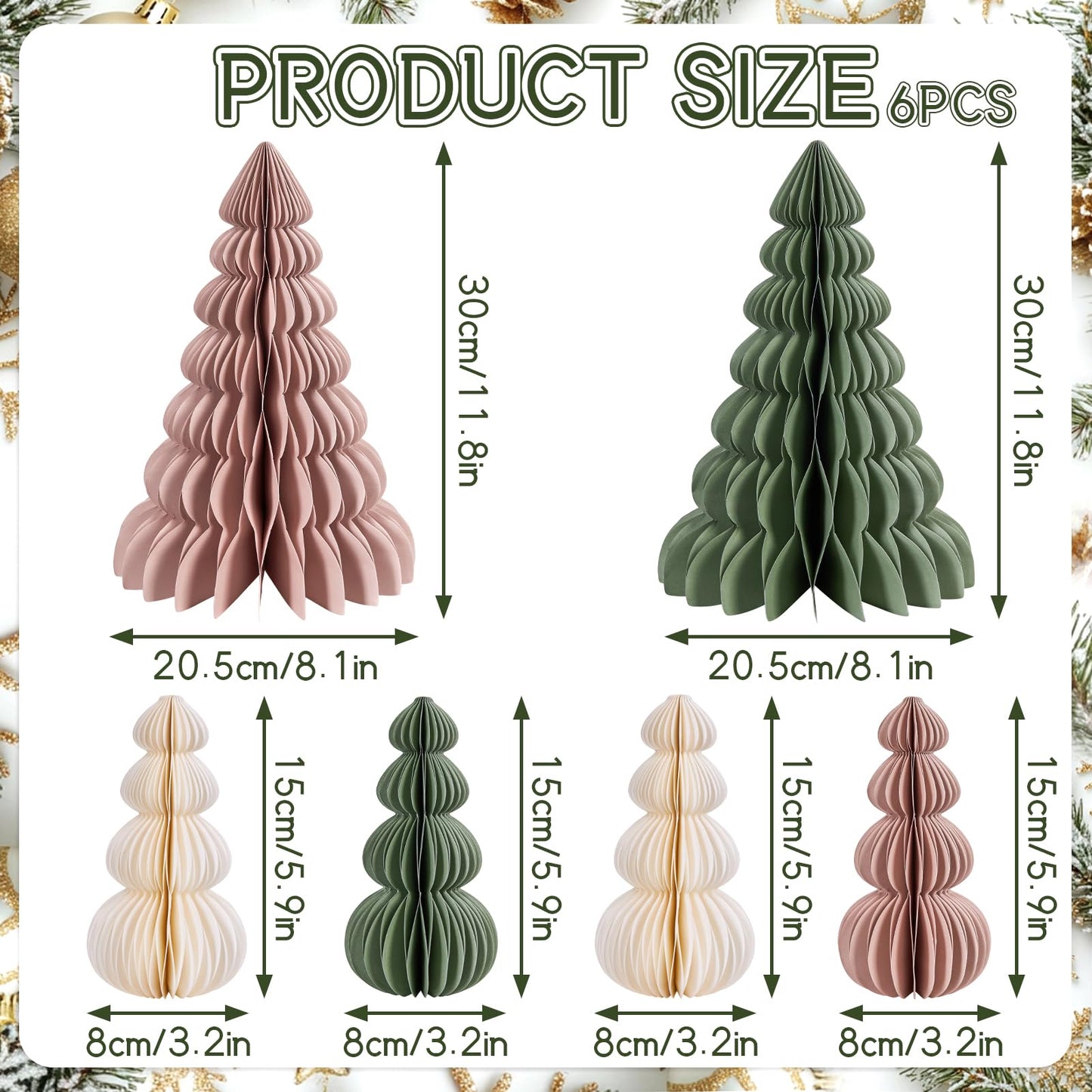 OBBOLO 6 Pcs Paper Christmas Tree, Beige, Sage Green and Dusty Pink Tabletop Christmas Decorations with Magnetic Closure, 12" & 6" Foldable Reusable Holiday Trees for Mantel, Table Centerpiece