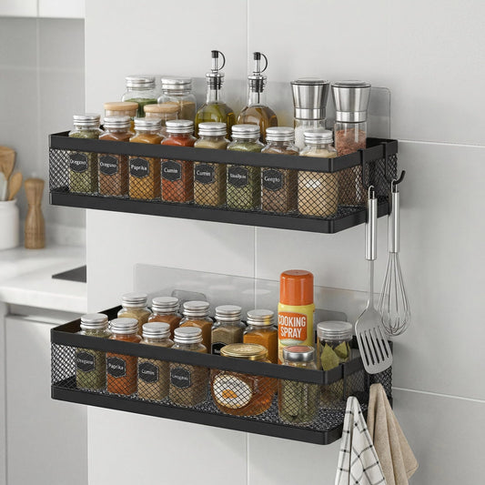 PUSDON Mesh Shower Caddy Wall Mount, Heavy Duty Adhesive Bathroom Shelf Organizer, Rustproof Floating Spice Rack for Kitchen Pantry, Holds 50 LBS, Multi-Purpose Storage Black-2 Packs (Netting)