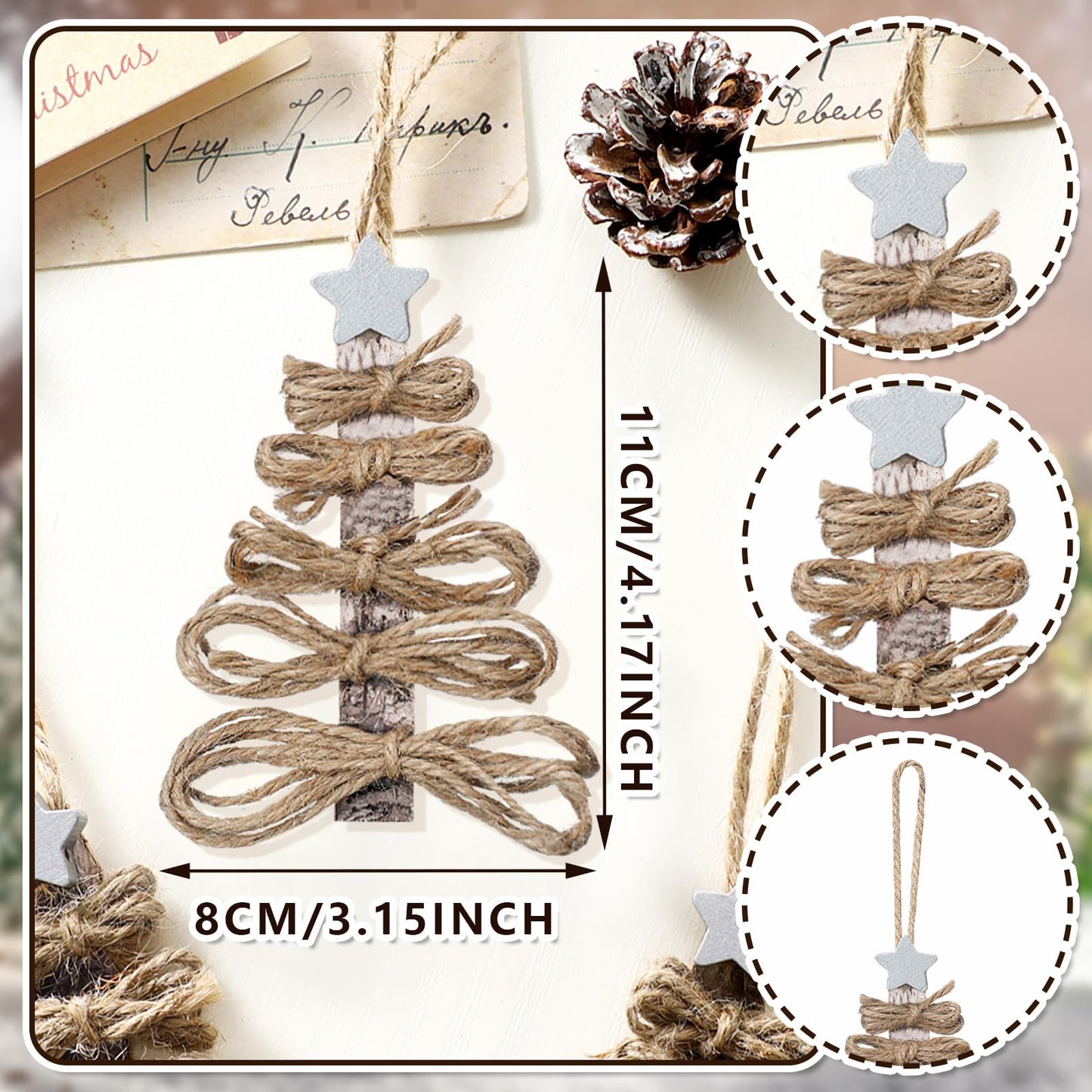 Soulchen 12 Pieces Twine Christmas Tree Ornaments Funny Farmhouse Christmas Tree Ornaments Rustic Xmas Decorations Natural Jute Hanging Decors for Xmas Party DIY Crafts Home Decor