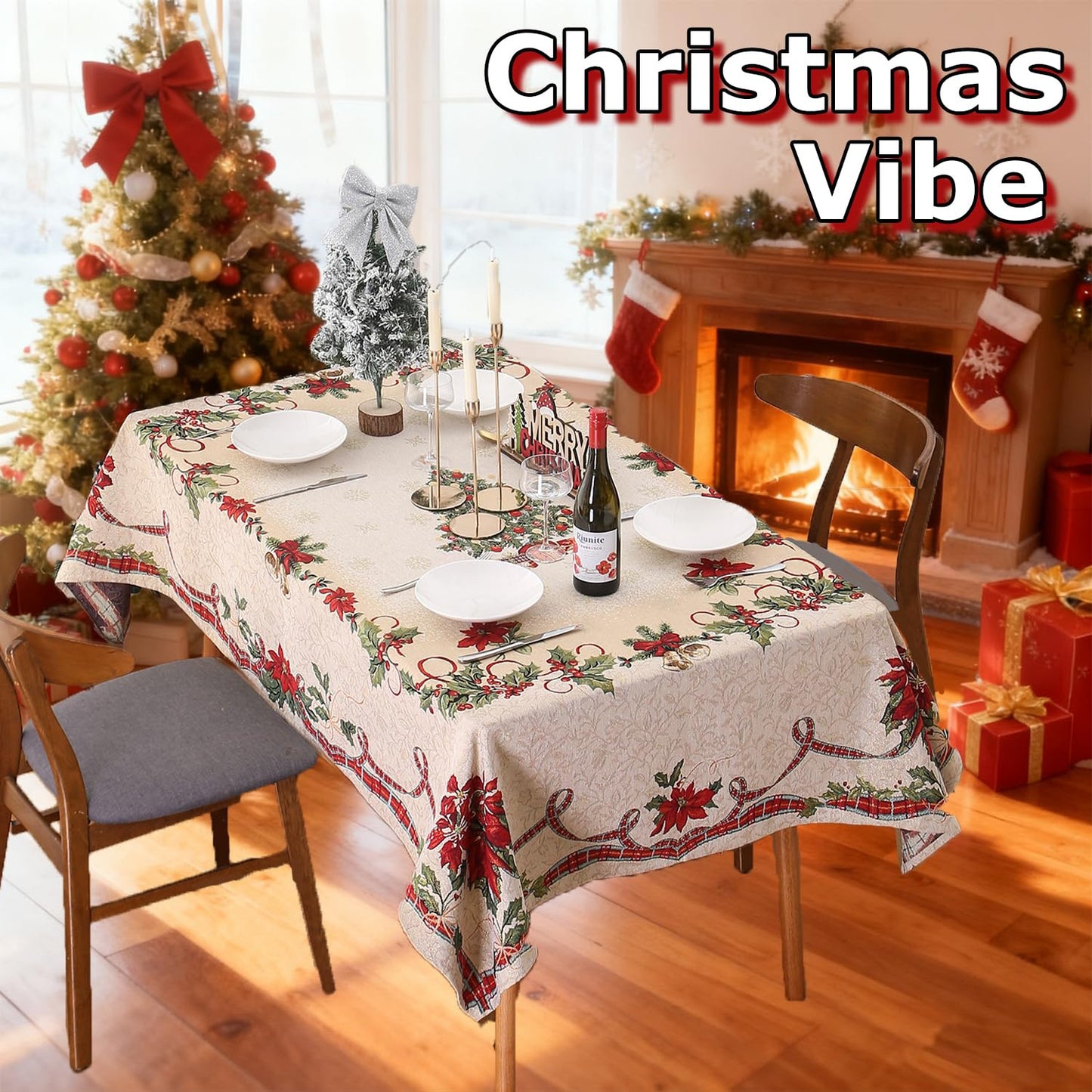 Jessy Home Christmas Tablecloth Xmas Tree Table Cloth Rectangle 55"x82" Winter Table Cover Polyester Wrinkle Resistant Washable Christmas Decoration for Holiday Party Dinner Home