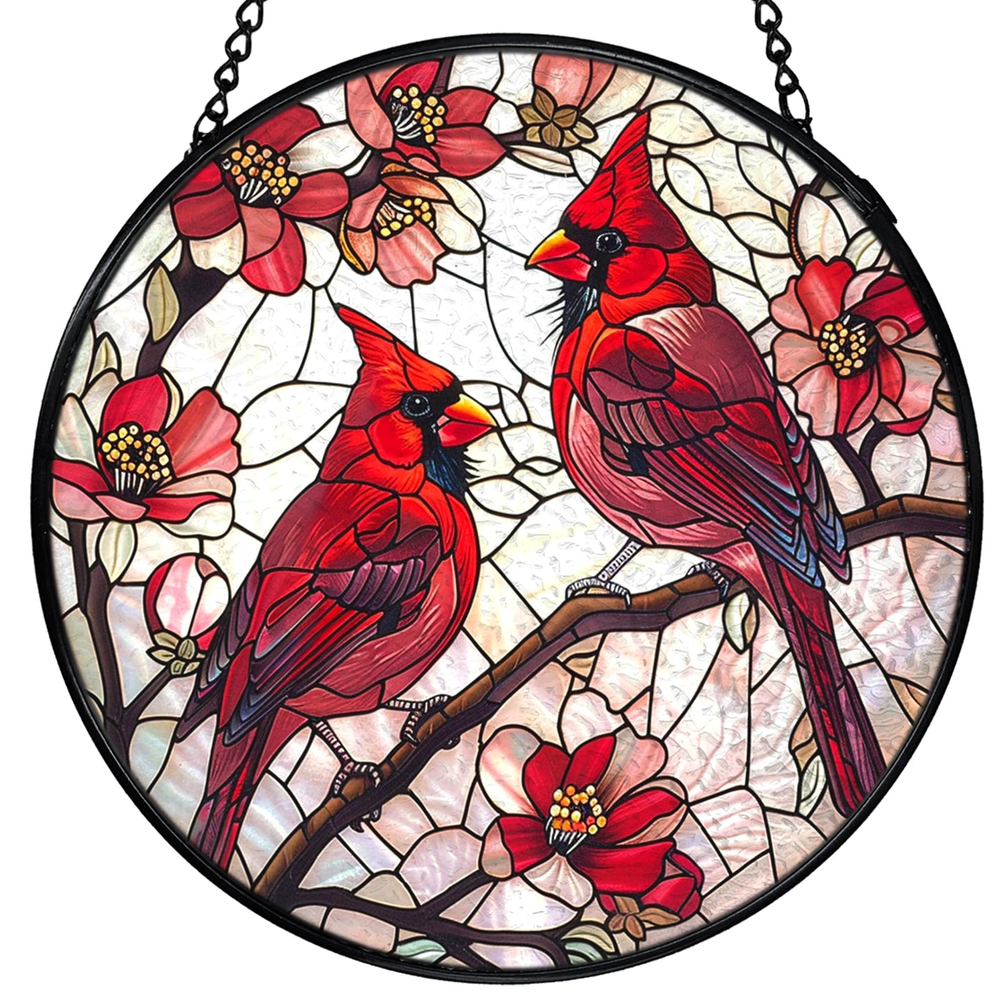 FUGWN Cardinal Bird Stained Glass Window Hanging, Red Cardinal Flower Sun Catchers Indoor Window Round Glass Wall Art Decor, Bird Suncatcher Wall Hanging Decorations, Gardening & Lawn Care