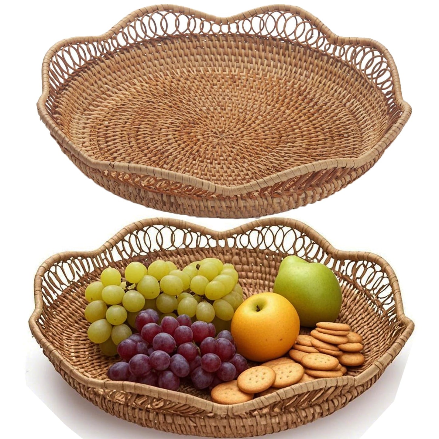 KEILEOHO 2 PCS Rattan Fruit Basket, Rattan Fruit Bowl for Serving, Woven Bread Basket for Bread, Vegetables, Kitchen Tabletop Display, 11.8 x 2.36 Inch