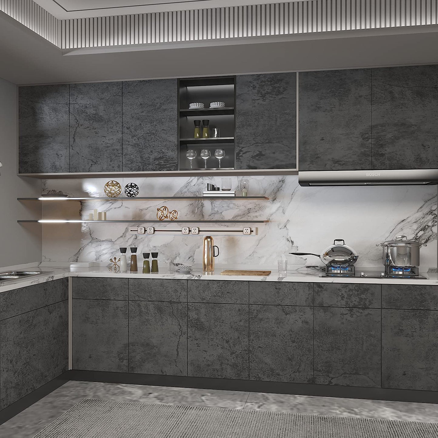 16"×354" Grey Blue Concrete Contact Paper 3D Extra Thick Faux Cement Concrete Wallpaper Peel and Stick Vinyl Textured Removable Adhesive Sticky Wall Tile Sticker for Kitchen Countertop Gym Bathroom