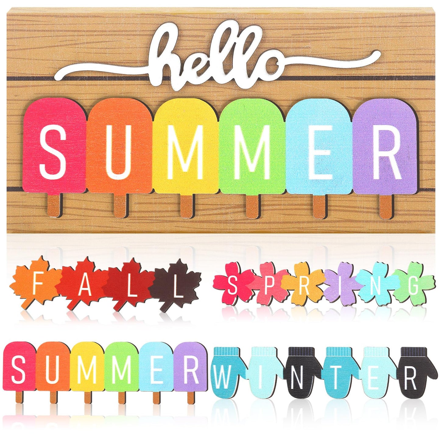 Roowest 5 Pcs Hello Spring Interchangeable Sign Seasonal Sign Summer Fall Winter Tiered Tray Decor 5.9 x 3 Inch Wooden 4 Seasons Farmhouse Table Centerpiece Decoration for Home Shelf Office(Simple)