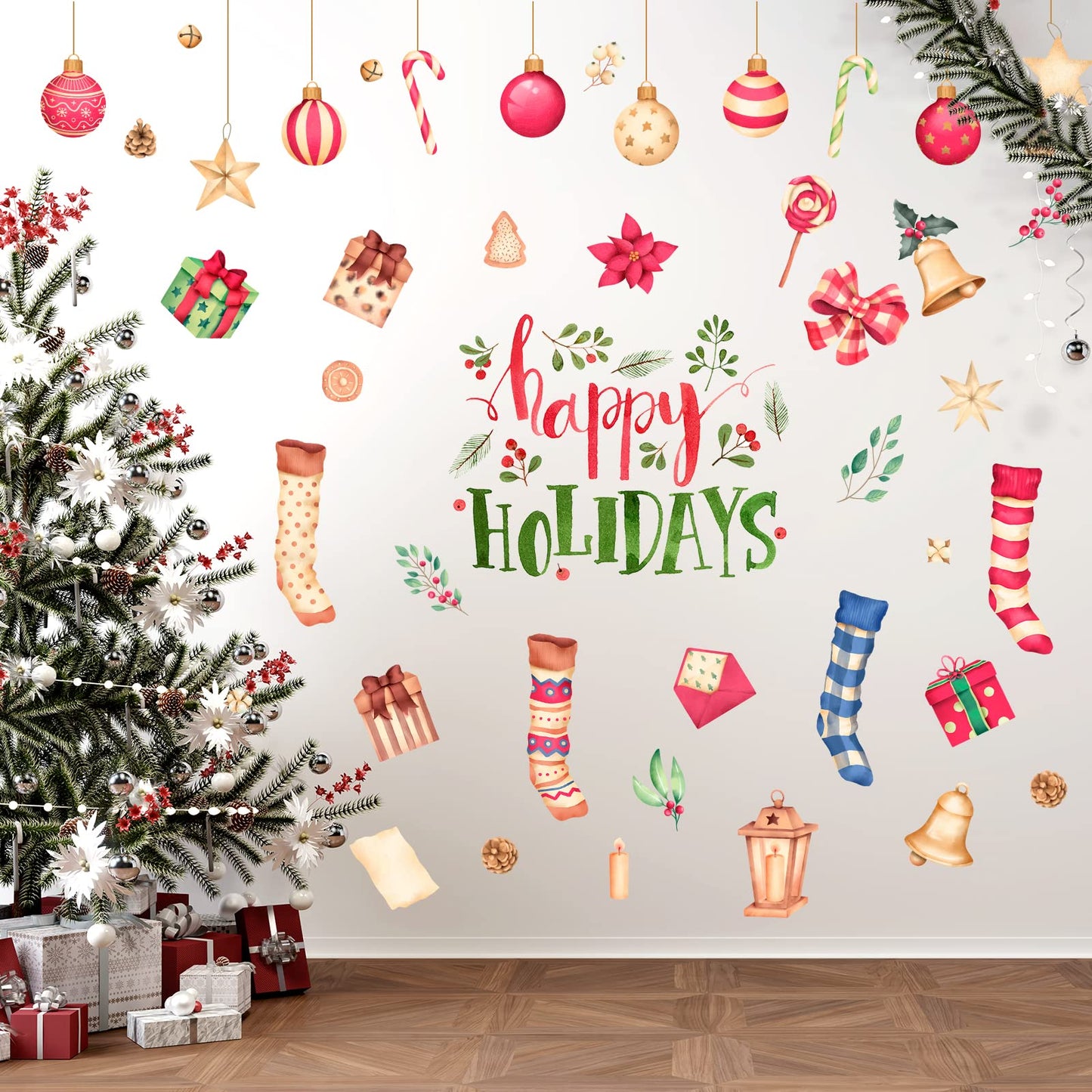 Happy Holiday Wall Stickers Christmas Window Stickers with Socks Candy Copper Bell Decals Removable Vinyl Wall Decals Window Xmas Self-Adhesive Holiday Home Decoration