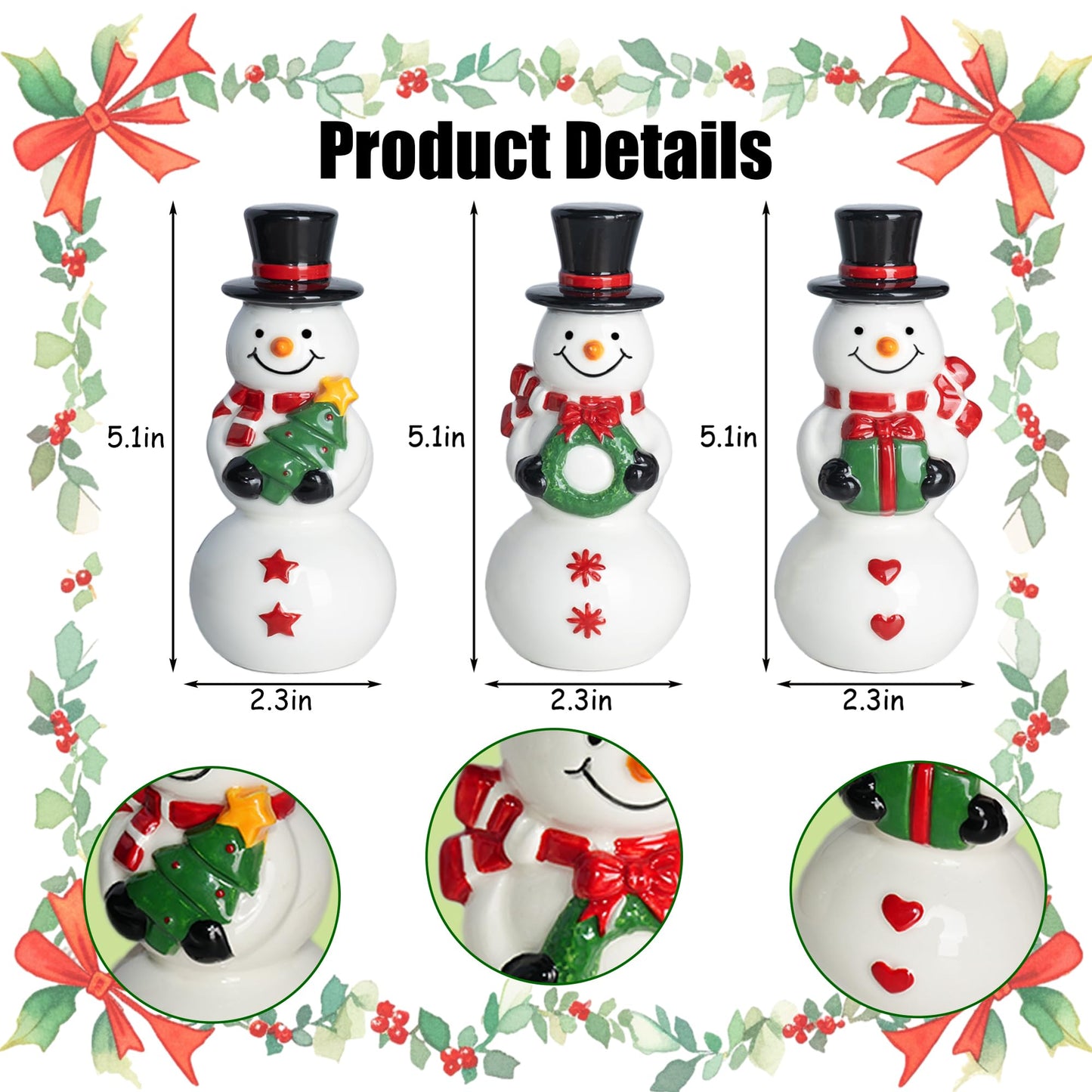 NEROSUN Christmas Snowman Figurines, Set of 3 Ceramic Cute Snowman Ornaments Christmas Decorations, Winter Table Centerpiece for Indoor Cabinet Mantel Fireplace Holiday Xmas Decor