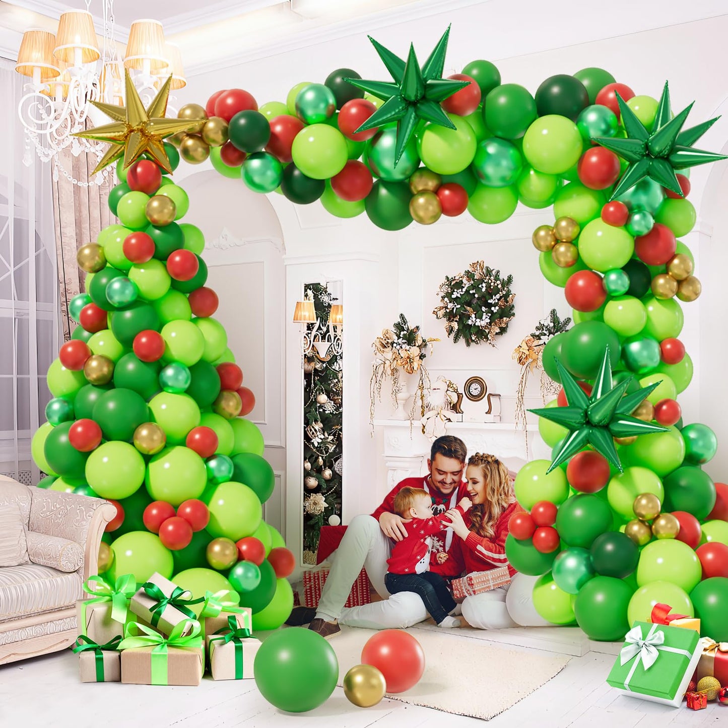 AobkDeco 284PCS Christmas Balloon Garland Arch Kit With lime Green Dark green Red Balloons Exploding Star Balloons for Christmas Party Decorations Supplies