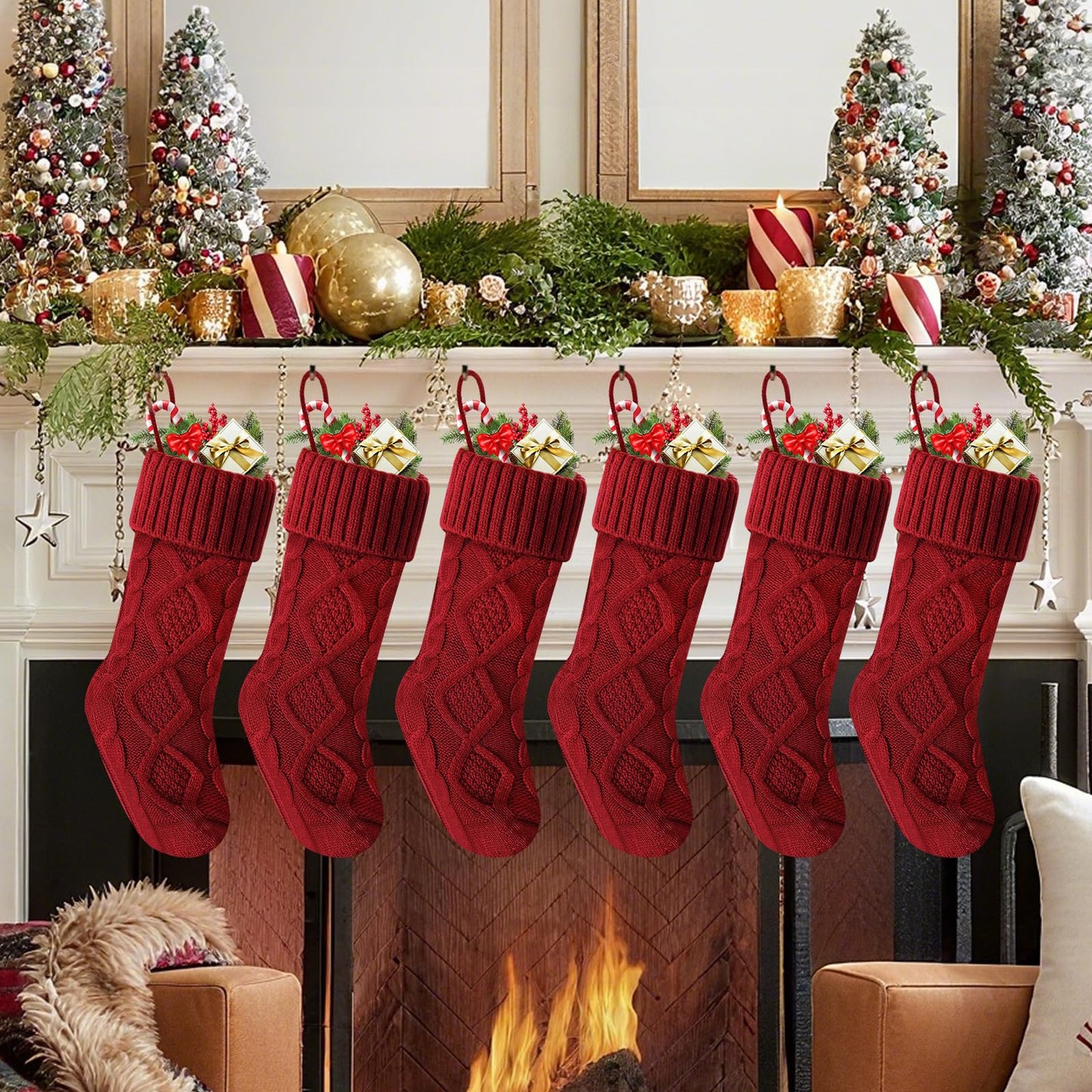 Doitory Christmas Stockings 18 Inches,Long Knitted Socks Christmas Decoration Hanging Stocking Fireplace Xmas Tree Stocking for Home Family（6P-red）
