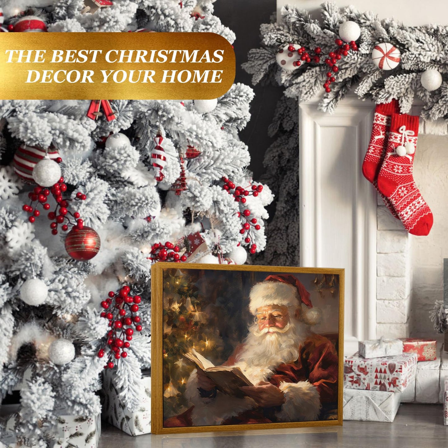 Artifexer Christmas Poster, Framed Canvas Wall Art, Christmas Art Prints, Santa Claus Christmas Pictures Wall Decor for Bedroom, Bathroom, Living Room, 8x10in Frame