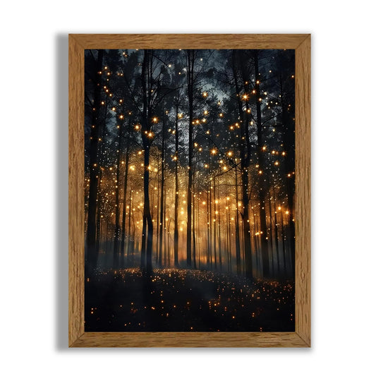 JLTULT Framed Enchanted Forest Firefly Canvas Wall Art, Dark Twilight Landscape Wall Decor, Rustic Botanical Nature Tree Art Prints for Bedroom Living Room Office Decoration 8x10 inch Easy to Hang