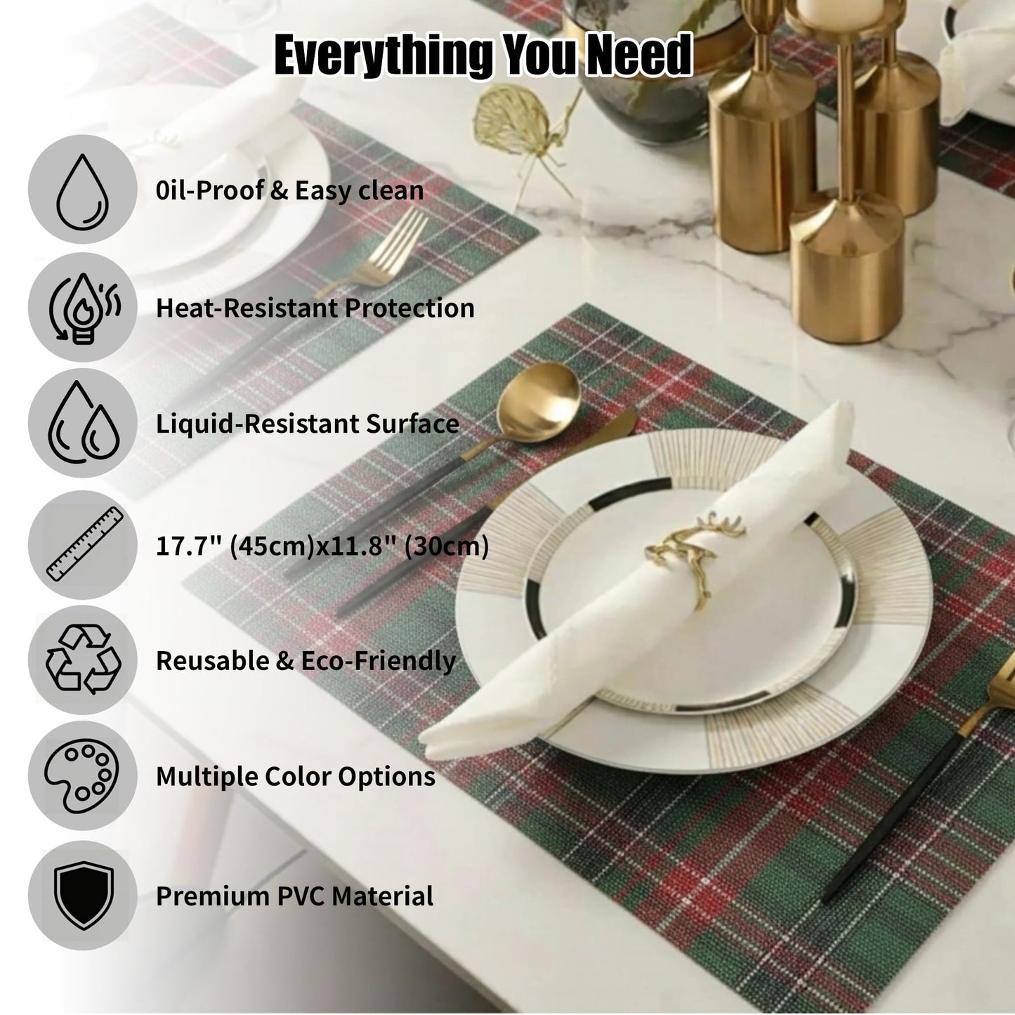 DYLQYL Christmas Placemats Set of 4, Woven Vinyl Washable Table Mats, Heat Resistant Easy Clean Wipeable PVC Place Mats for Dining Table, Kitchen, Indoor & Outdoor Use