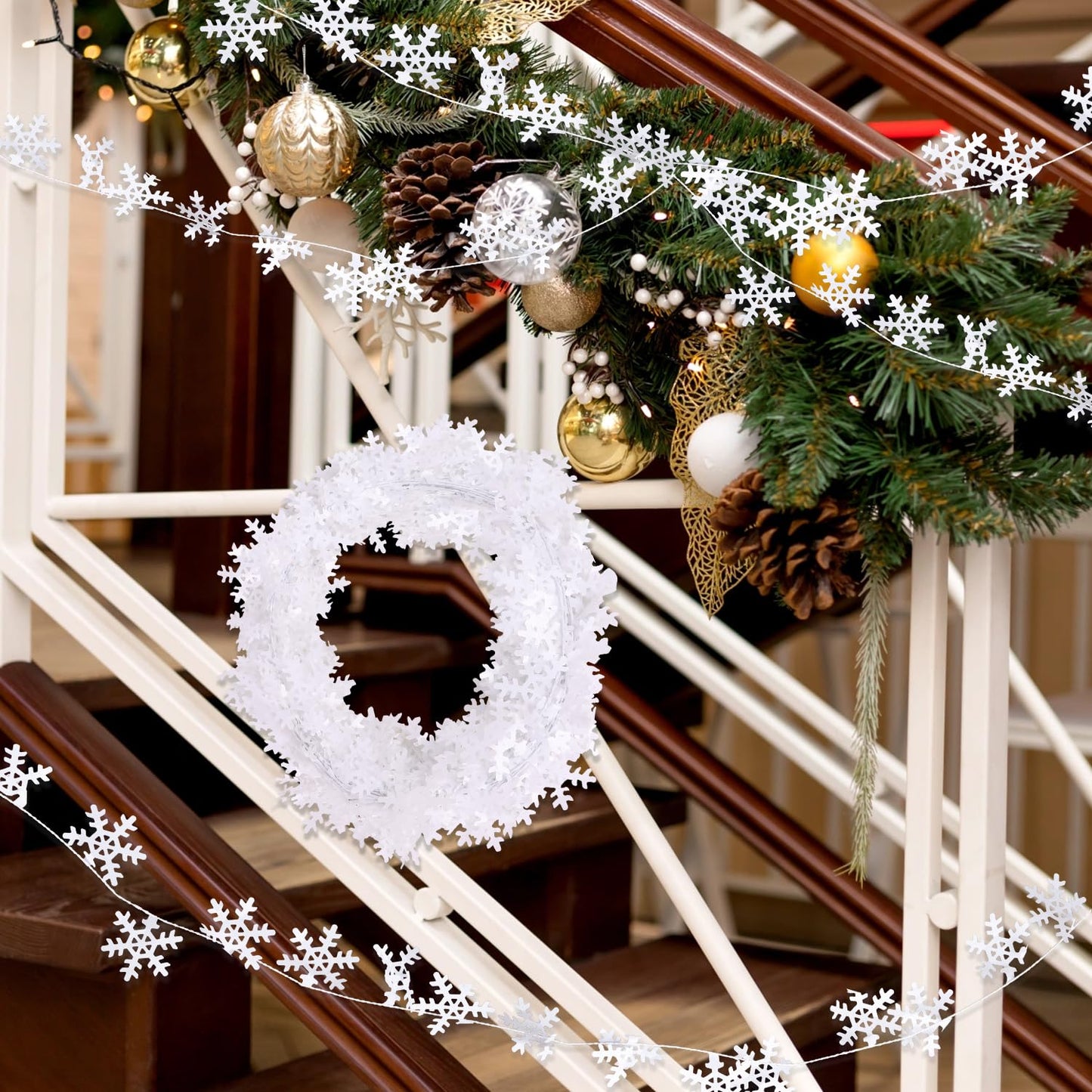 CCINEE 75 Feet Snowflake Wire Garland for Christmas Decoration, White Wired Tinsel Garlands for Xmas Tree Wreath Craft Birthday Winter Wonderland Party Ornaments 3 Roll