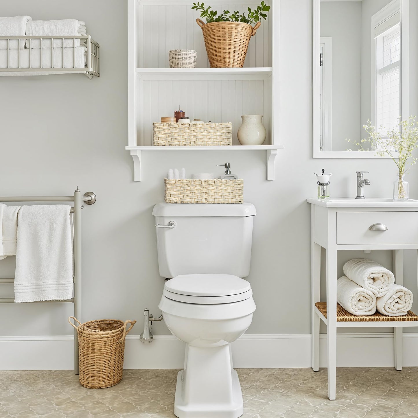 GRANNY SAYS Bathroom Baskets for Organizing, Wicker Basket for Storage, Wicker Baskets for Shelves, Waterproof Back of Toilet Storage Basket, 3 Section Bathroom Organizer Basket, 2-Pack