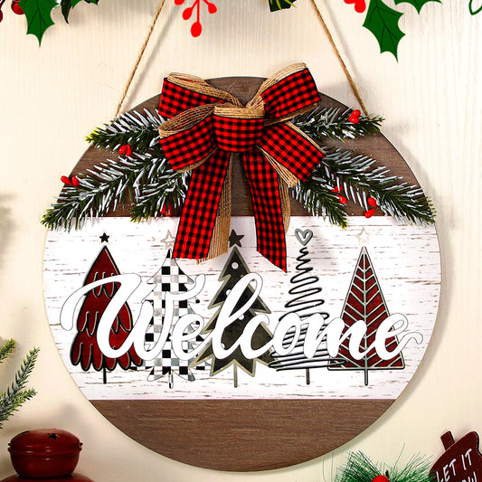 Boao Christmas Door Wreath Merry Christmas Welcome Hanging Wall Sign for Front Door 11.8'' Round Xmas Tree Winter Wreath Wooden Porch Sign with Bow Porch Farmhouse Home Wall Decor(Novel)
