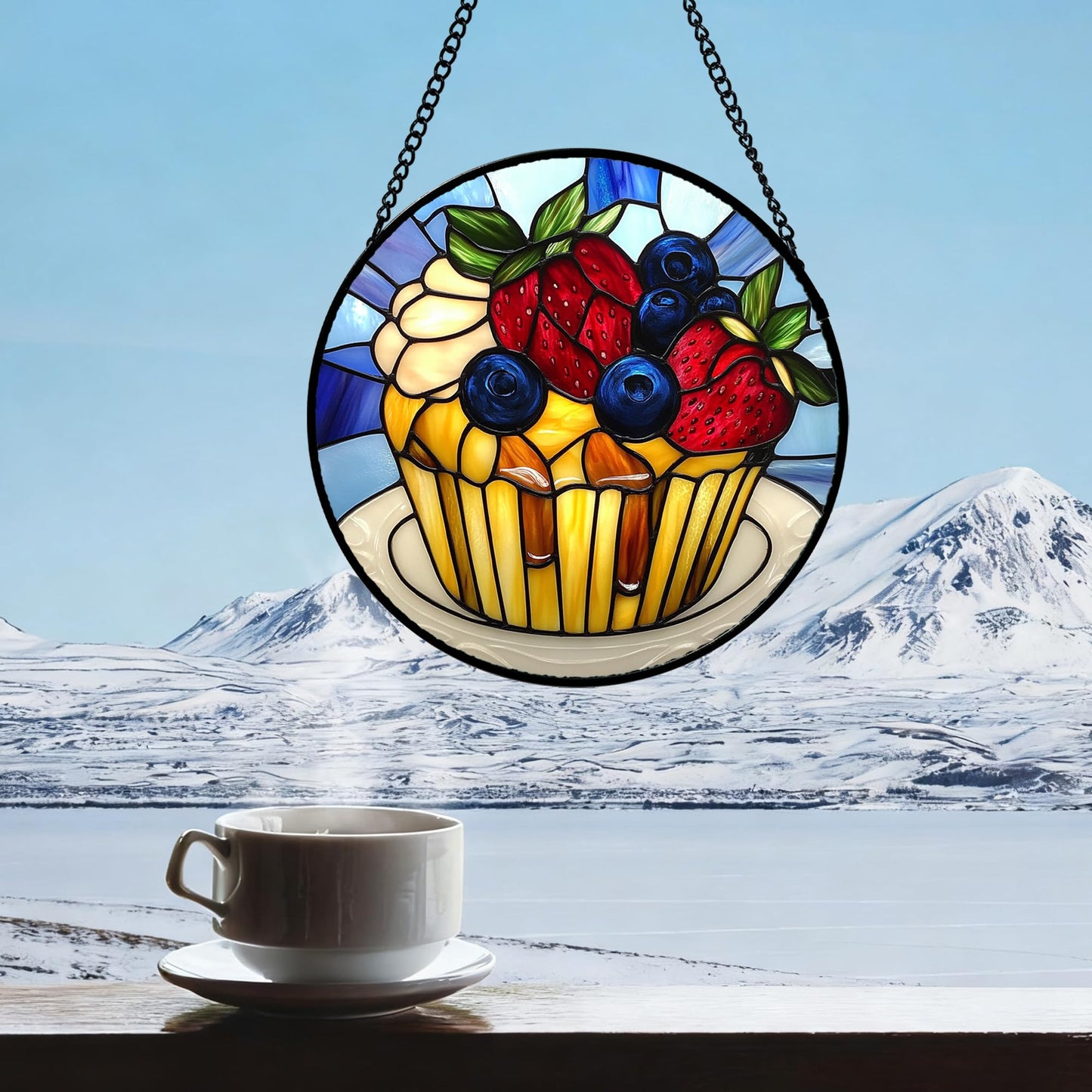 QZQCBLC Stained Glass Window Hanging Retro Blue Fruitcake 6.3" - Red Yellow Suncatcher Door Garden Sun Catcher Home Decor Birthday Christmas for Mom Woman Nana Friend Girl