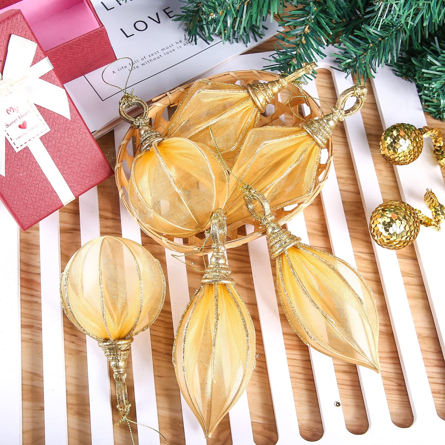 Christmas Ball Ornaments, 6pc Set Gold Rugby,Round Ball, Diamond Pendant Christmas Decorations Hanging,Suitable for Gifting Xmas Tree Decorations Wedding Party Holiday