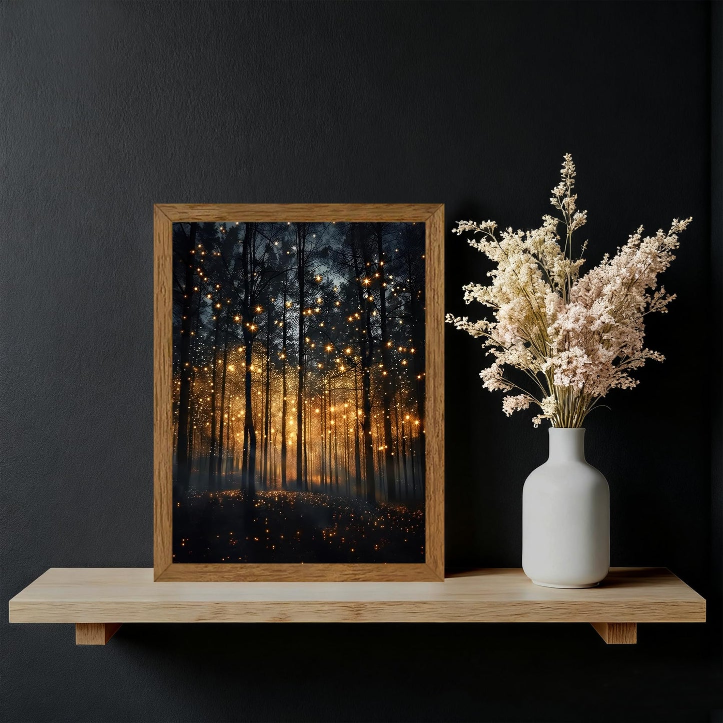 JLTULT Framed Enchanted Forest Firefly Canvas Wall Art, Dark Twilight Landscape Wall Decor, Rustic Botanical Nature Tree Art Prints for Bedroom Living Room Office Decoration 8x10 inch Easy to Hang