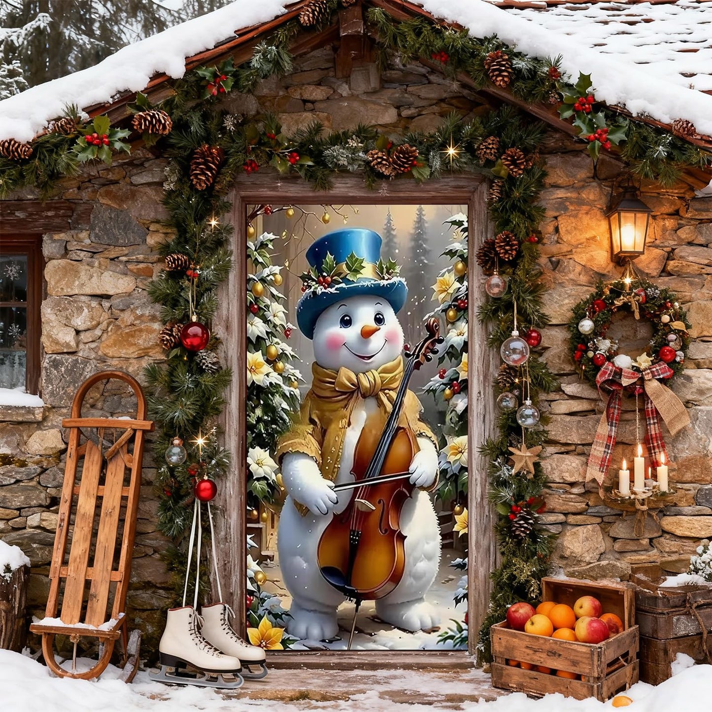 NECGNIQ Christmas Door Cover, Elastic New Year Front Door Sleeve Decoration Snowman Porch Sign Christmas Ball Photography Background Banner Holiday Decor(Style 2)