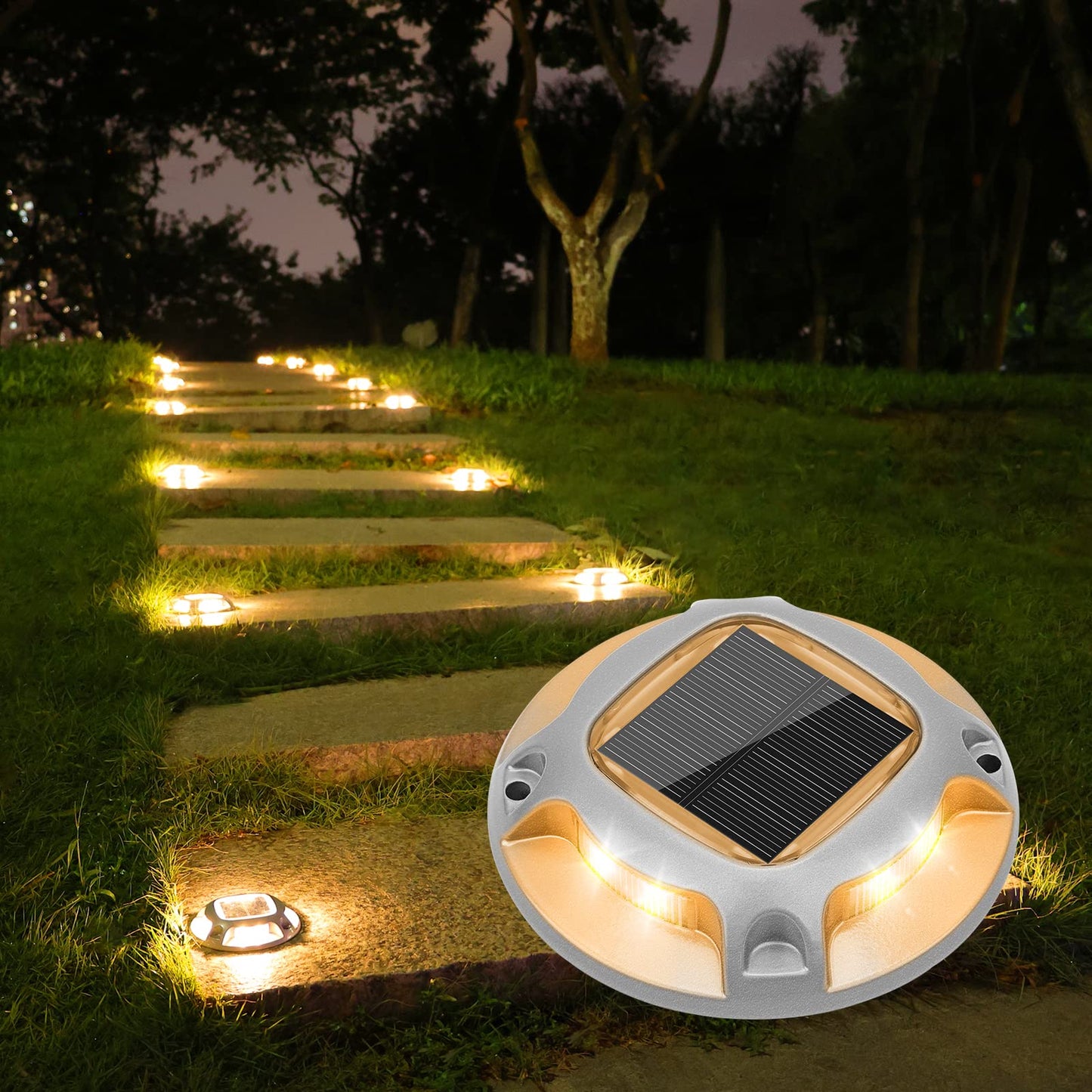 VOLISUN Solar Driveway Dock Marine Lights 8-Pack,2 Colors in 1,Outdoor LED Deck Lights,Solar Powered Waterproof Warning Step Light for Driveway Sidewalk Pathway (White/Warm White),Saltwater Resistant