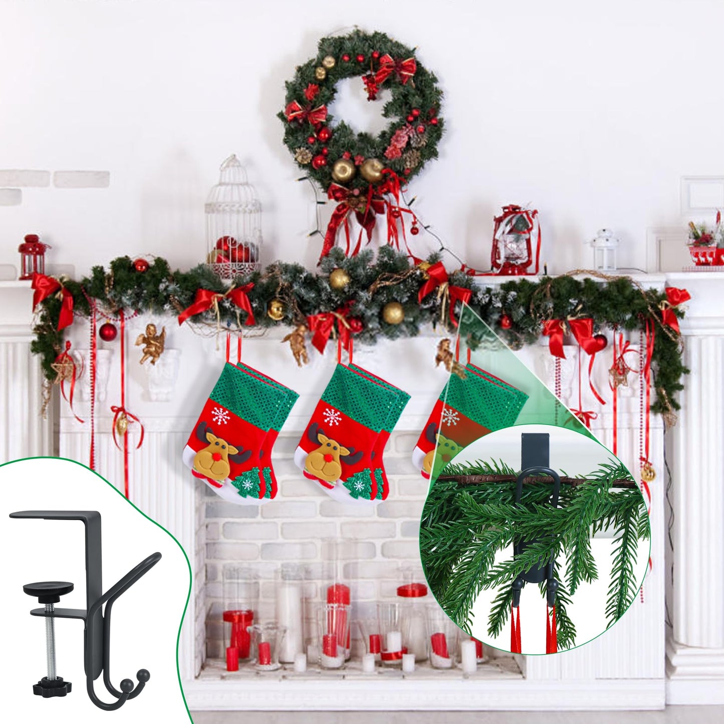 Muximud Stocking and Garland Hangers for Mantle, 2 in 1 Adjustable Metal Garland Holder for Hanging Christmas Stocking, No Drill Mantle Hanger for Fireplace Holiday Decoration, Grey, 3 Pcs