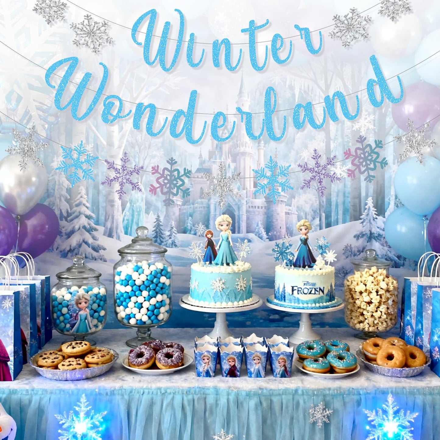 Pre-Strung Winter Wonderland Banner Glitter Snowflake Garland Christmas Decoration Banner for Home Wall Mantle Decor Winter Holiday New Year Party Supplies (Blue)