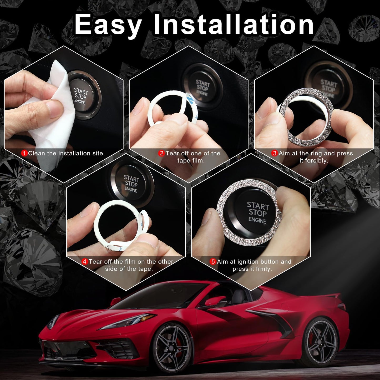 LivTee 2 PCS Crystal Double Rhinestone Car Engine Start Stop Decoration Ring, Bling Car Interior Accessories for Women, Push to Start Button Cover Sticker, Automotive Decals, White