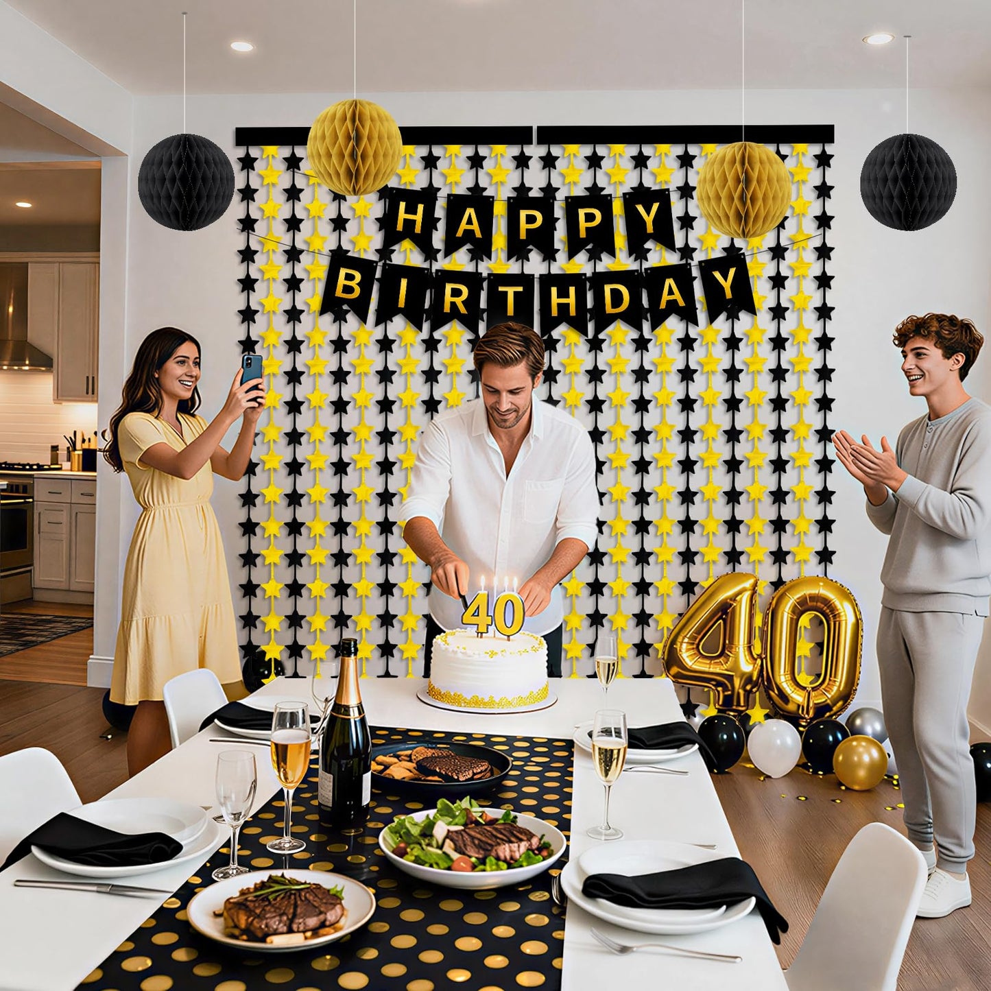 Black and Gold Party Decorations, 13Pcs Hanging Paper Fans Star Foil Curtains Happy Birthday Banner & Honeycomb Balls for Graduation Decorations 2026 and Birthday Party Supplies