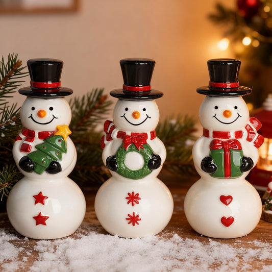 NEROSUN Christmas Snowman Figurines, Set of 3 Ceramic Cute Snowman Ornaments Christmas Decorations, Winter Table Centerpiece for Indoor Cabinet Mantel Fireplace Holiday Xmas Decor