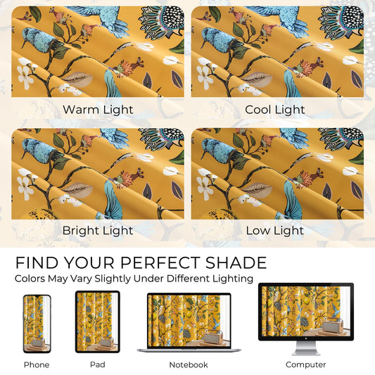 Drapenova Mustard Yellow Vintage Floral Curtains 84 Inches Long for Living Room Bedroom Luxury Whimsical Lemon Hummingbird Patterned Waverly Mid Century Colorful Pinch Pleated Blackout Drapes 2 Panels