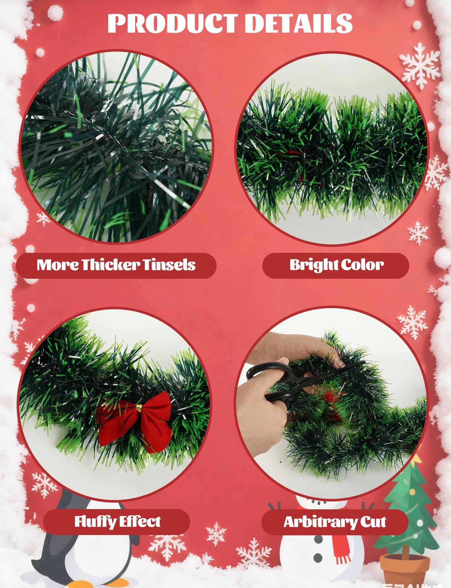 Christmas Tinsel Garland with Light Green Tips (Total 29.7FT) and 27 Red Bows, Festive Pine Garland for Staircase Fireplace Mantle Xmas Tree and Home Party Decor (9.9FT * 3PCS)