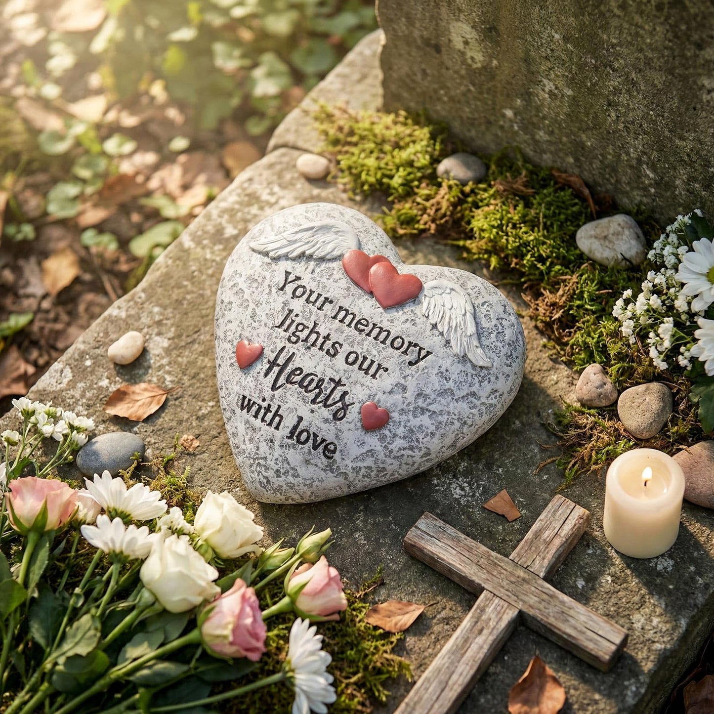 pechpell Memorial Garden Stones, Heart Shaped Resin Angel Wings Garden Stones In Memory of Loved Ones Remembrance Plaque, Bereavement Gift Outdoor Pet Cat Dog Funeral Grave Marker Cemetery Patio Decor