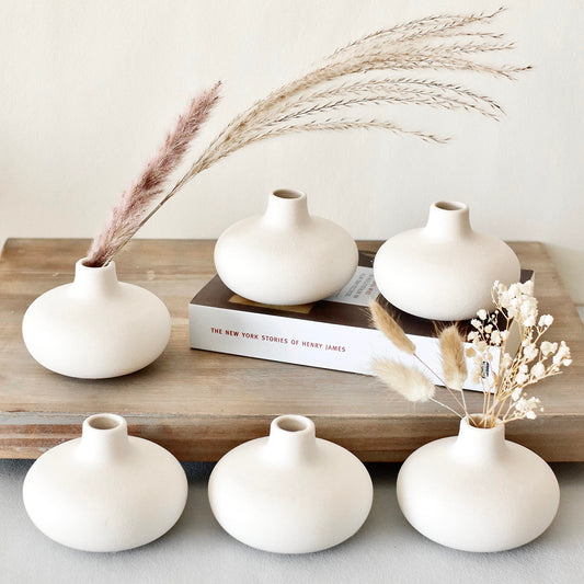 Carrot's Den - Set of 6 Nordic Minimalist White Ceramic Donut Bud Vases for Decor | Modern Boho Vases for Dry Flowers + House Plants | Wedding, Bookshelf, Home Decor, Coffee Table, Centerpiece (White)