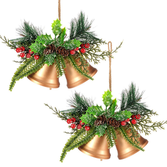 Tioncy Christmas Bell Hanging Ornaments 8.7" Large Rustic Metal Bell Decoration Xmas Hanging Decorative Bell with Red Berry for Christmas Wreath Tree Door Decor(Vintage Gold,2 Pcs)