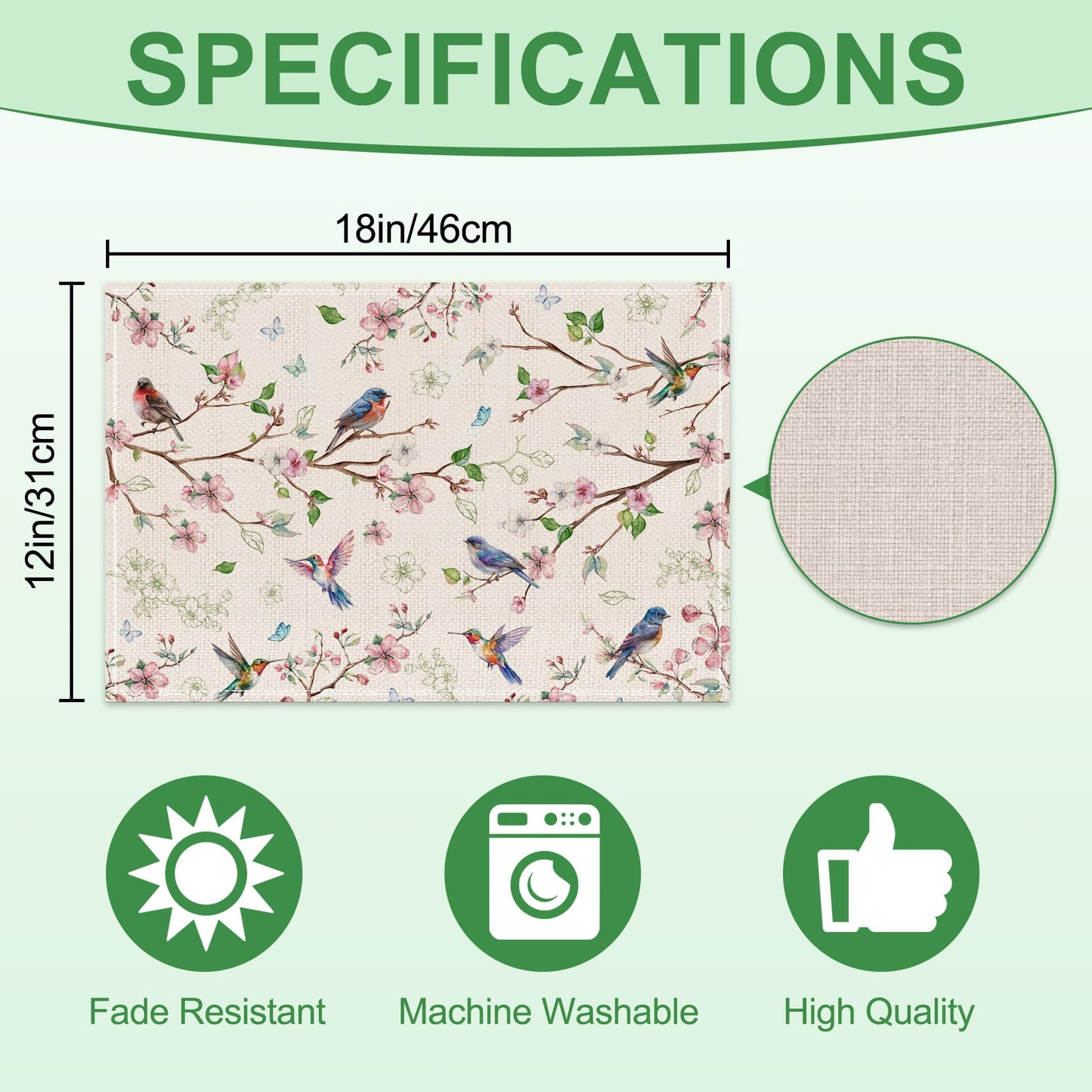 Cusugbaso Spring Placemats Set of 4 12x18 inch for Dinning Table - Floral Bird Branch Spring Decor for Party, Dinner - Farmhouse Seaosonal Table Mats Floral Decroations for Home