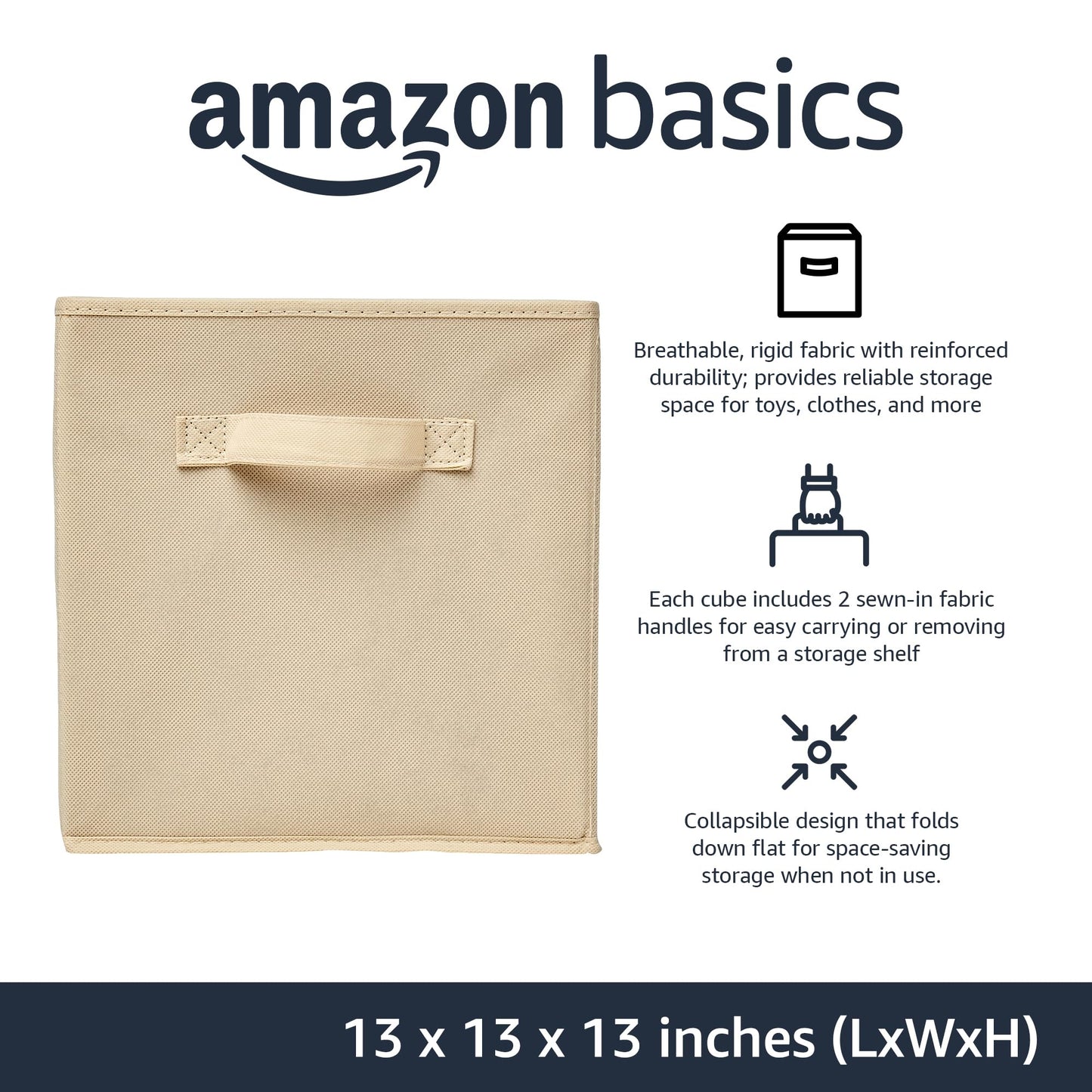 Amazon Basics Collapsible Fabric Storage Cube Bins Organizer with Handles for Organization and Organizing Solution, 13"x13"x13", Beige, 6-Pack
