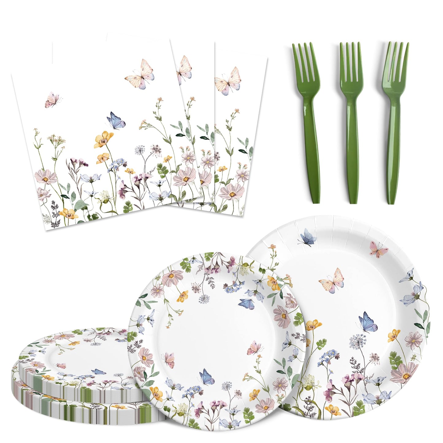 Audree 96 Pcs Wildflower Party Supplies, 24 set Disposable Paper Plates and Napkins for Party Baby Shower, Wedding, Birthday, Perfect for Guests Set Dinner and Dessert Plates, Napkins, Plastic Forks