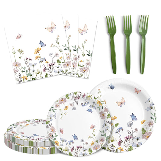 Audree 96 Pcs Wildflower Party Supplies, 24 set Disposable Paper Plates and Napkins for Party Baby Shower, Wedding, Birthday, Perfect for Guests Set Dinner and Dessert Plates, Napkins, Plastic Forks
