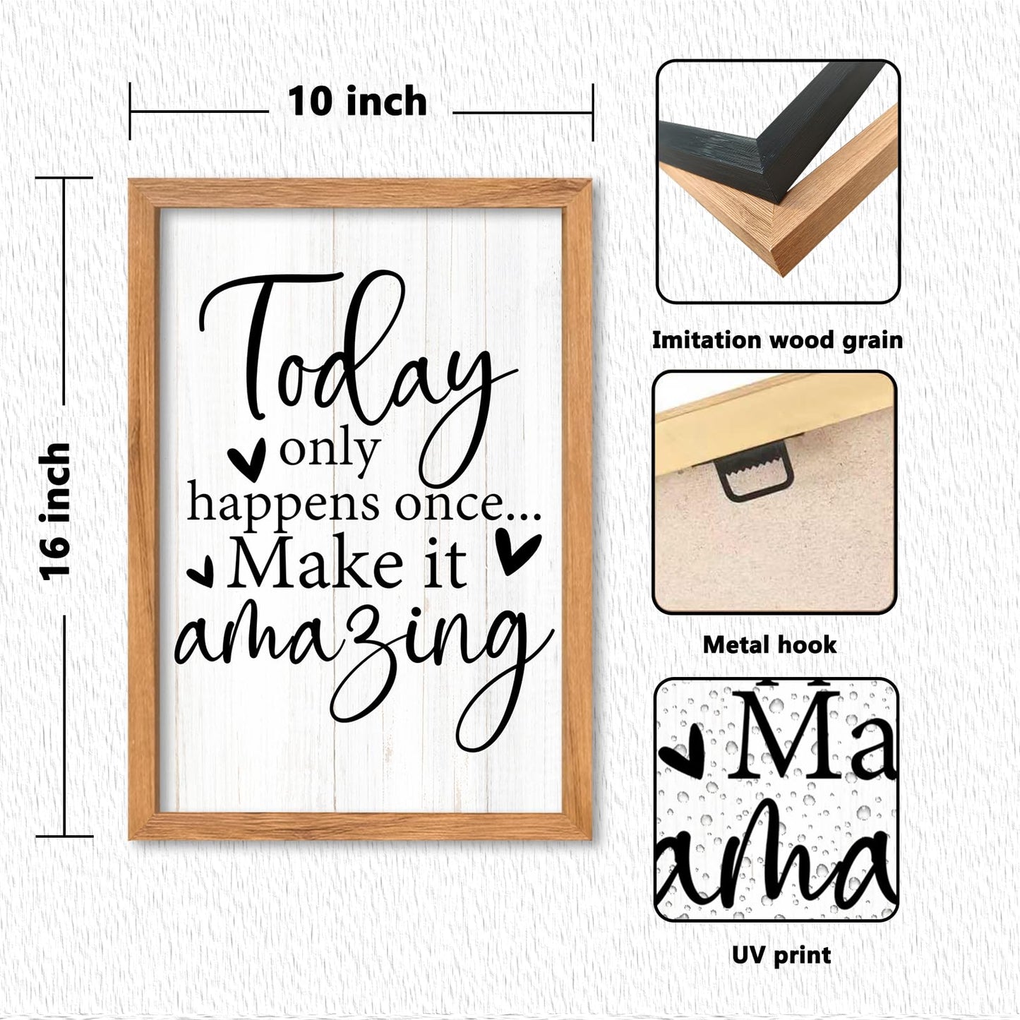 AuraPeak Today Only Happens Once Make It Amazing Inspirationa Quotes Office Wall Decor, Motivational Sayings Frame Rustic Home Living Room Laundry Room Wall Art Hanging (Wood 16"×10")