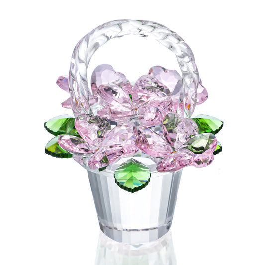 H&D HYALINE & DORA Crystal Pink Flower Basket Figurine,Crystal Gifts for Women, Glass Flower Collectible Figurines for Home Wedding Christmas Decor(with 5 Flowers)