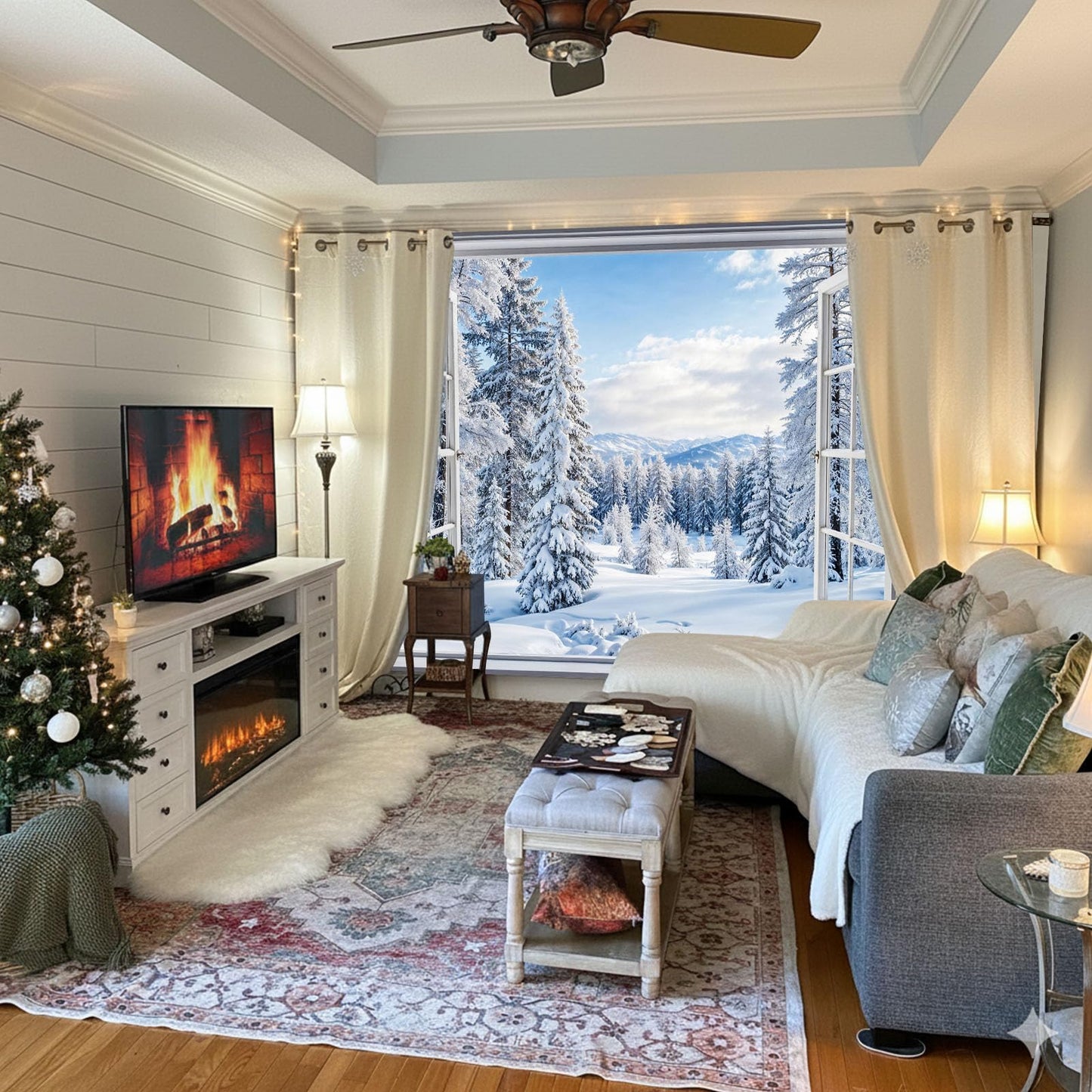 Lifeella Winter Snow Window Tapestry, Forest Outdoor Landscape Christmas Wall Backdrop, Snowy Mountain Mural for Living Room Bedroom Decor, White 36x48 inches