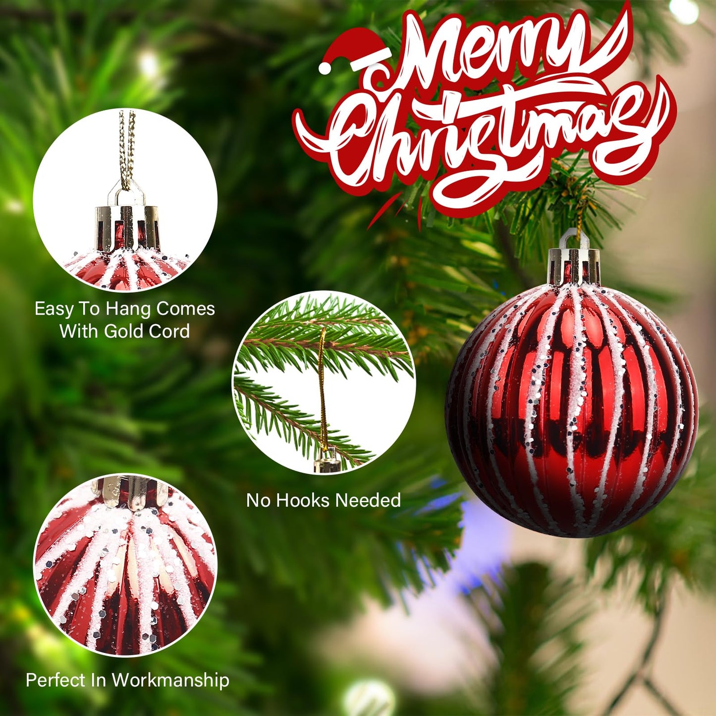 Christmas Ornaments Balls, 44 Pcs Christmas Balls Including 12Pcs 6cm/2.36inch & 32Pcs 3cm/1.18inch, Christmas Tree Decorations Hanging for Holiday Wedding Party Decoration