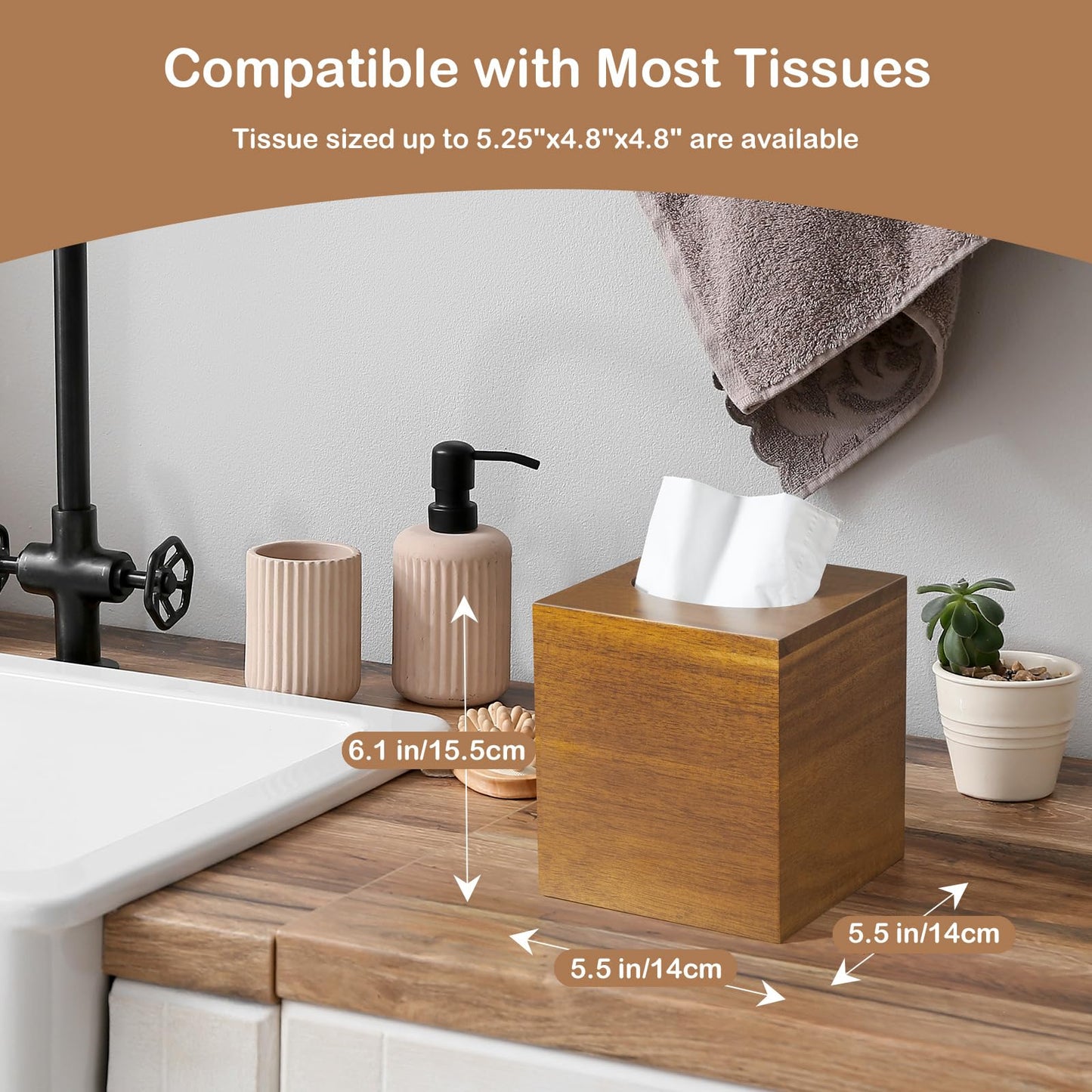 GCWSTJK Acacia Wood Tissue Box Cover - Square Thick Tissue Box Holder for Cube Boxes, Smooth Polished Decorative Wooden Tissue Holder for Bathroom, Bedroom, Dining Table, Kitchen or Office