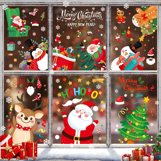 Christmas Window Clings, Christmas Window Decorations Santa Snowman Reindeer Xmas Snowflake Merry Christmas Window Clings, Double-Side Window Stickers for Party Xmas Decorations Home School (9 Sheets)