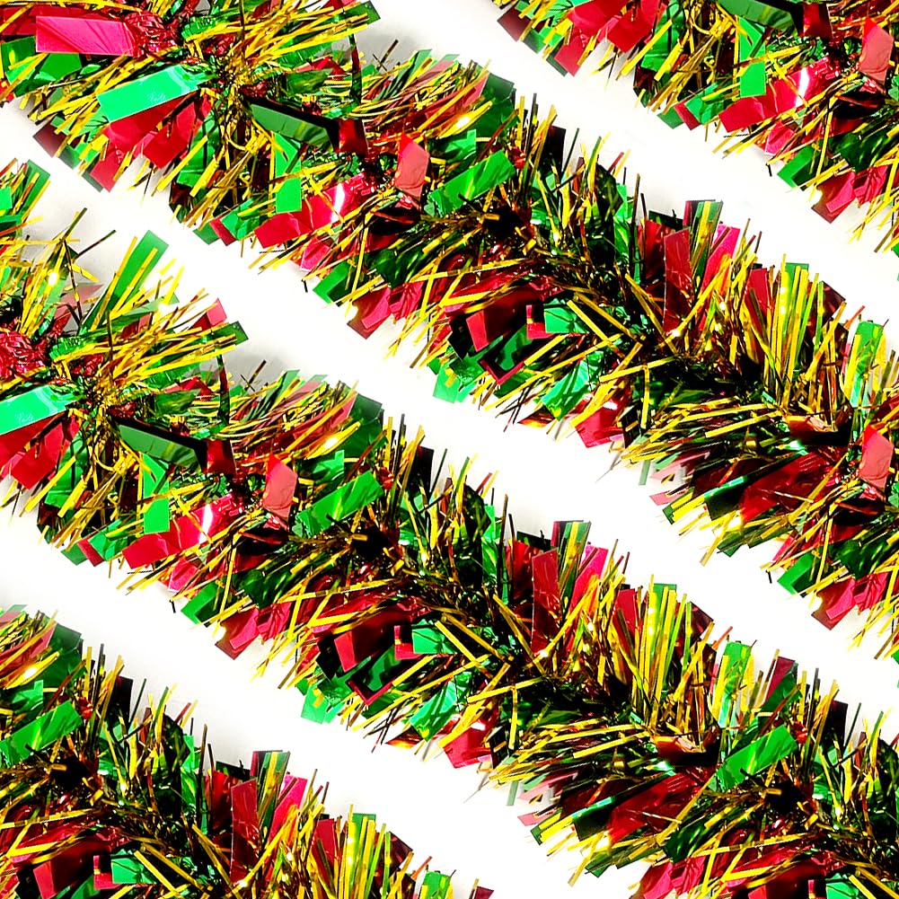 Christmas Tinsel Garland - 33 Ft Shiny Metallic Tree Winter Xmas Garland Glitter Tinsel Hanging Twist Hanging Decorations for Christmas Party Holiday Supplies （Gold Red Green）