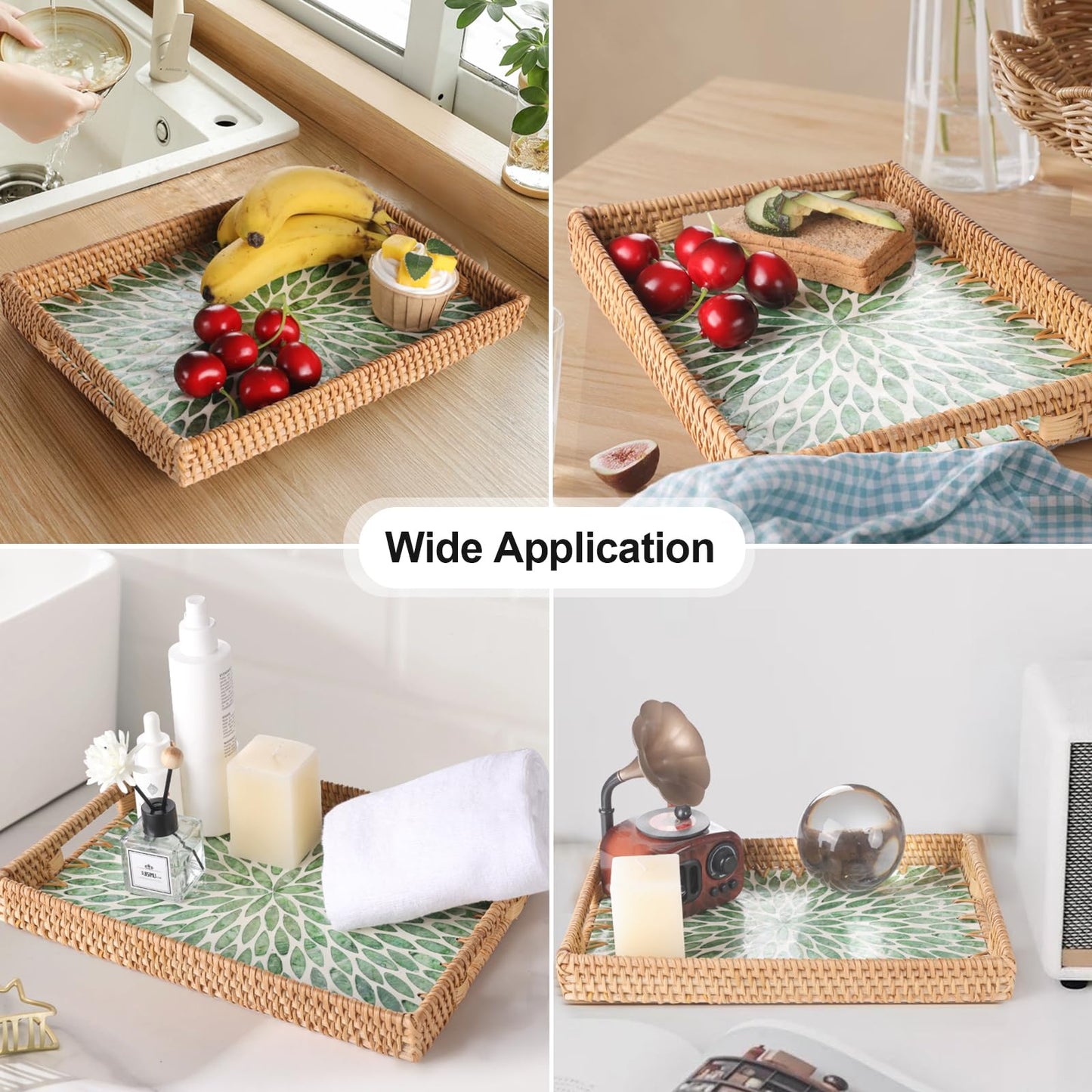Tynulox Rectangle Rattan Tray with Mother of Pearl Inlay, Rattan Serving Tray with Handle for Coffee, Bread, Fruits, Snacks, Decorative Wicker Tray for Table Decor (Rectangle Green Leaf, 13"×9")